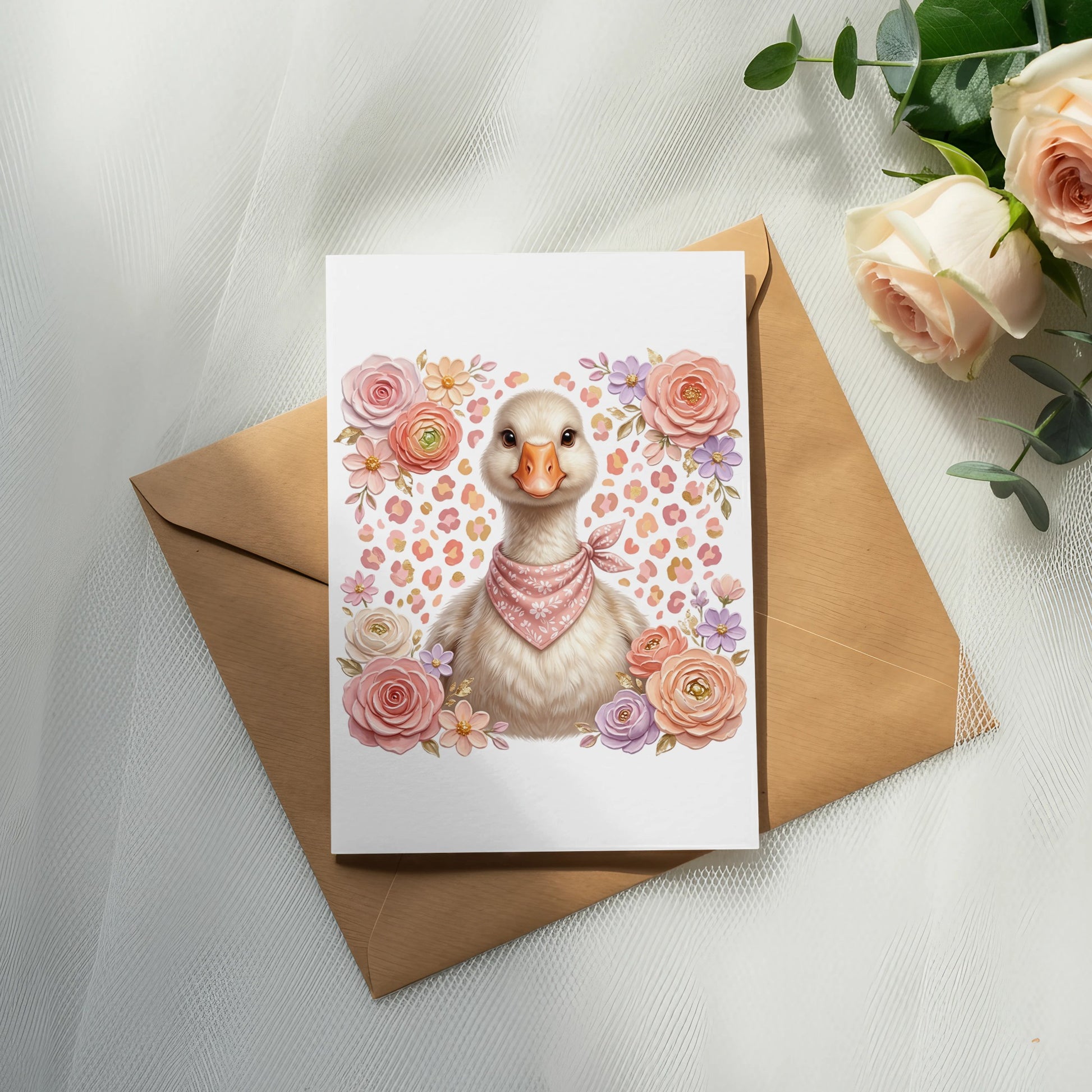 Cute goose wearing a bandana surrounded by flowers on a card.