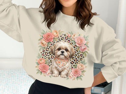 Dog in floral bandana surrounded by roses and leopard print on a sweatshirt.