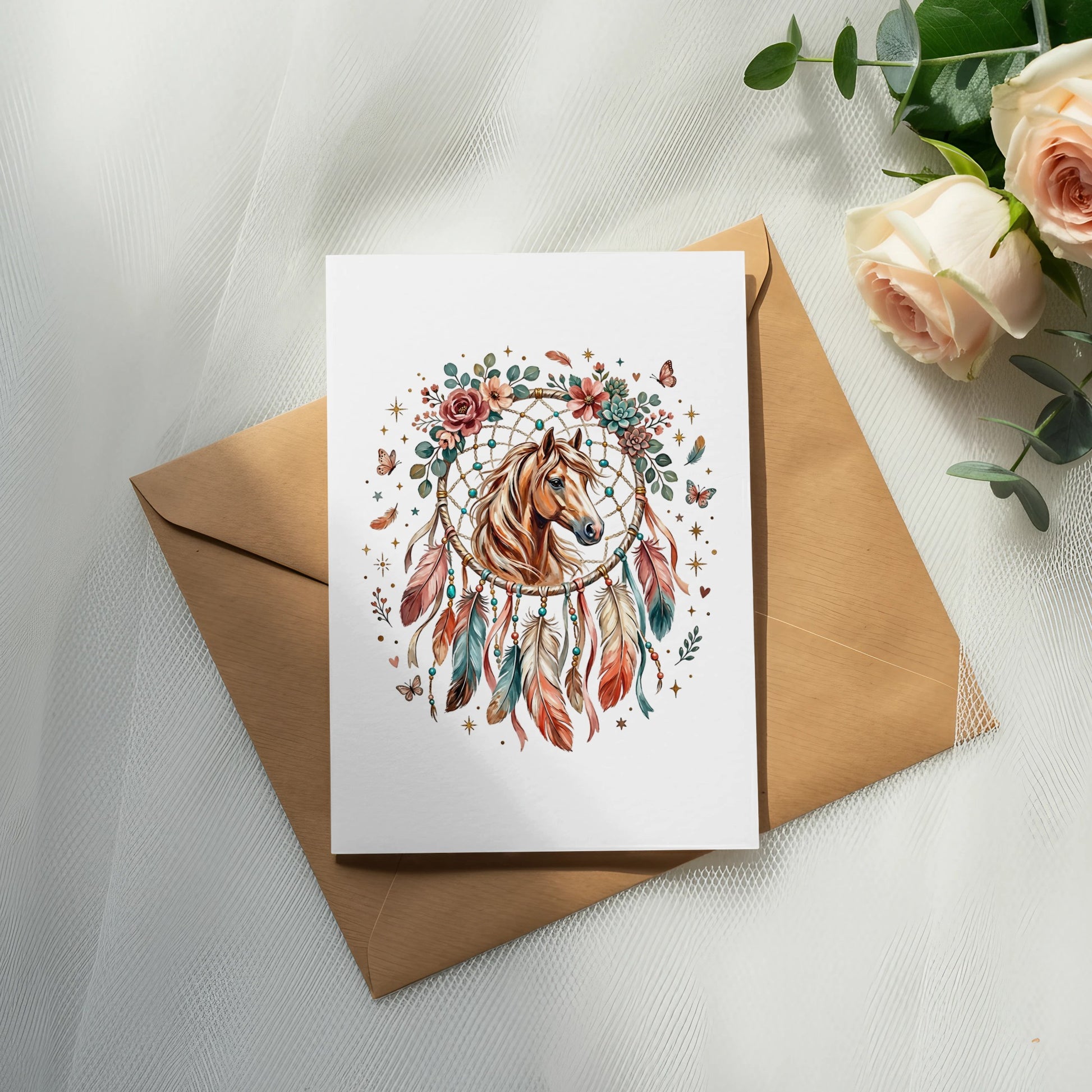 Card with horse and dreamcatcher design on brown envelope.