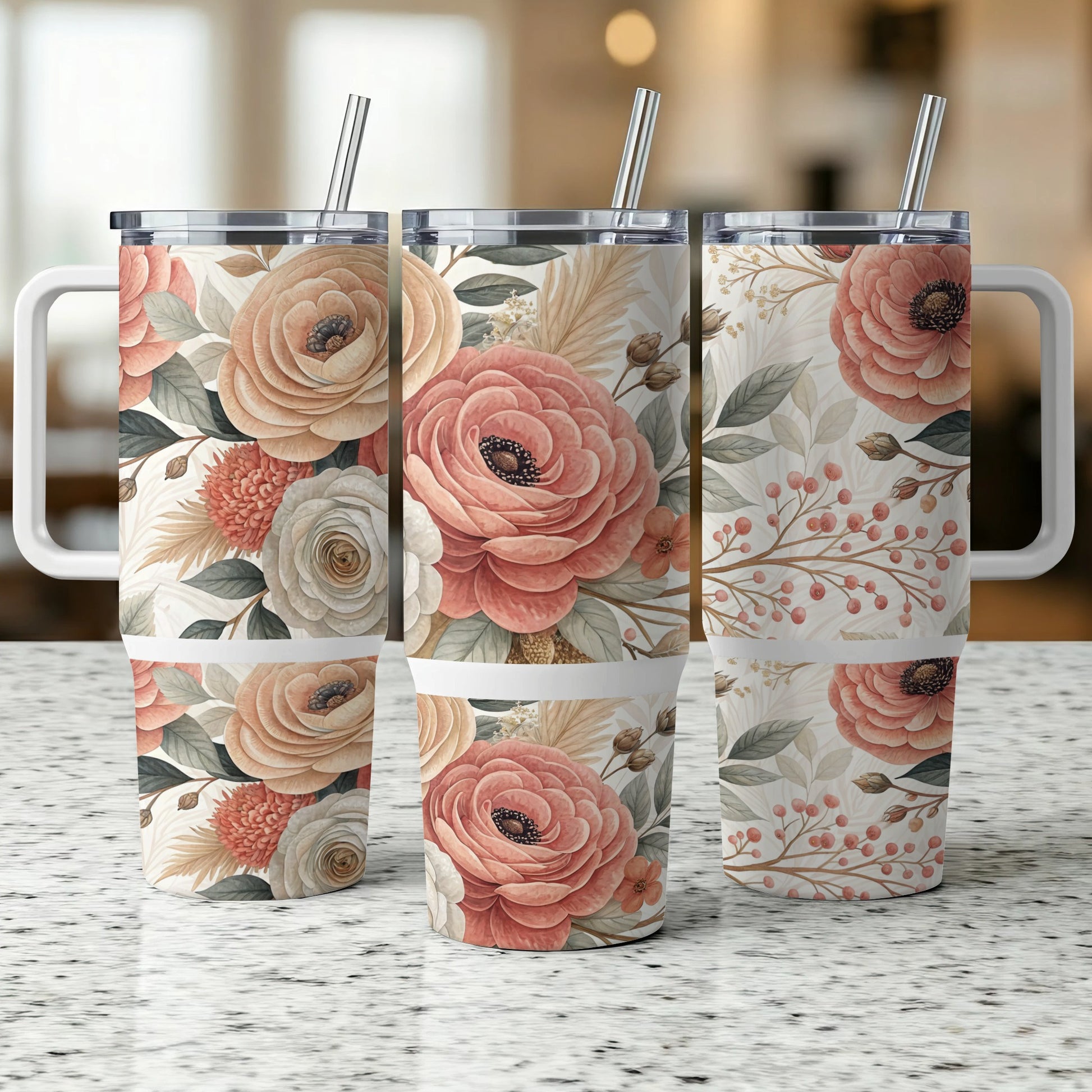 Three travel tumblers with floral patterns in muted pinks, whites, and beige.