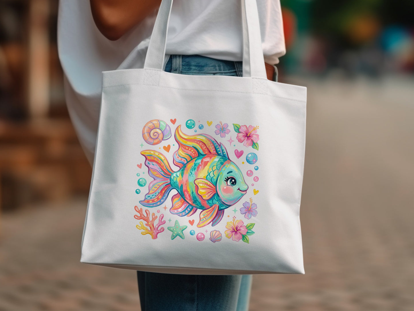 White tote bag with a colorful cartoon fish, shells, and flowers.