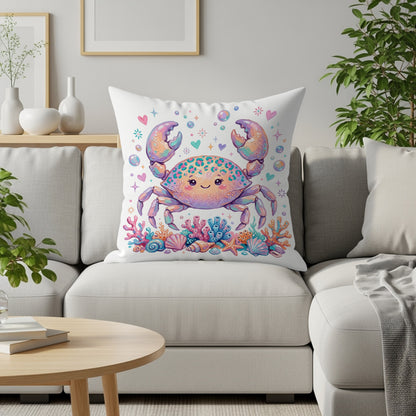 Crab illustration with colorful coral on a white sofa cushion.