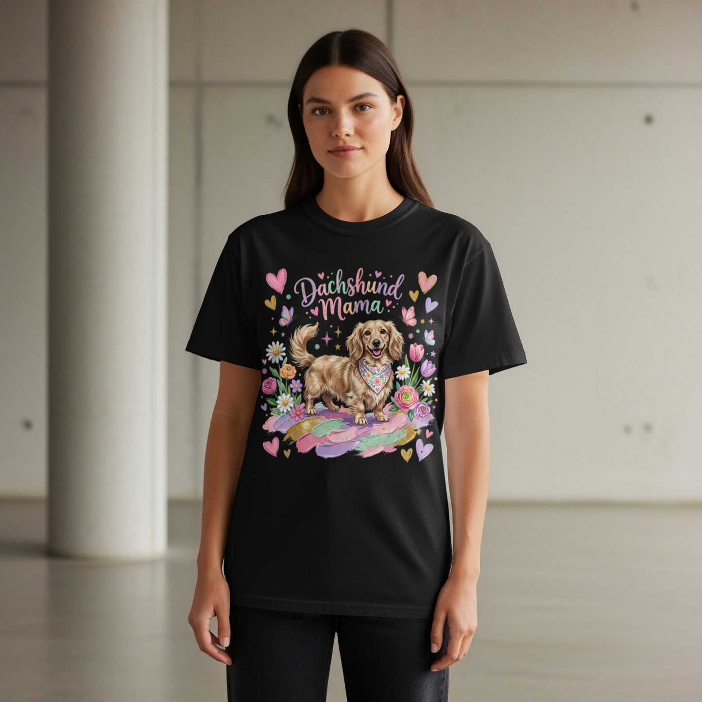 Black t-shirt with a dachshund and "Dachshund Mama" text.