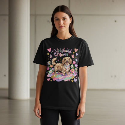 Black t-shirt with a dachshund and "Dachshund Mama" text.