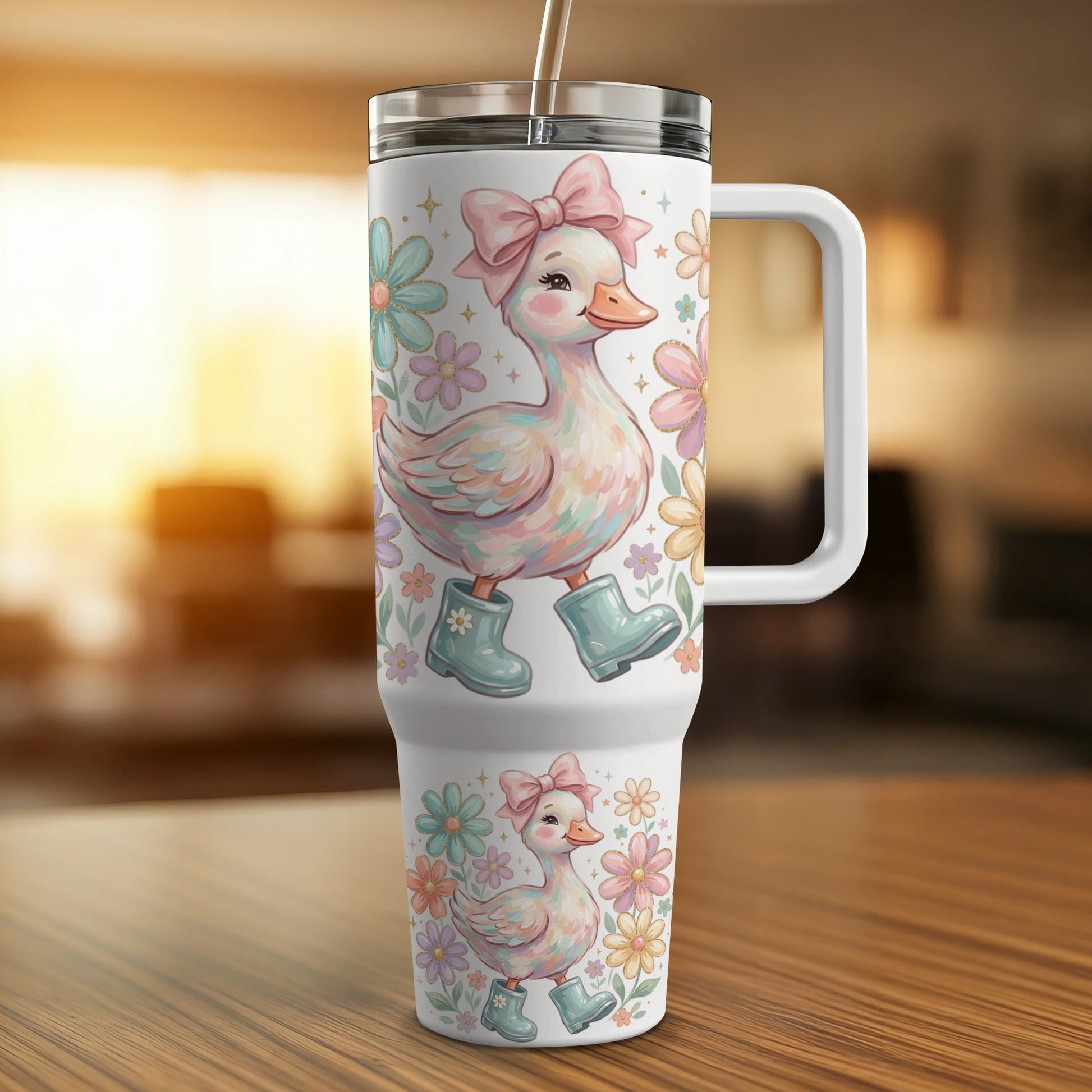 White tumbler with a pastel duckling wearing blue boots and a pink bow.