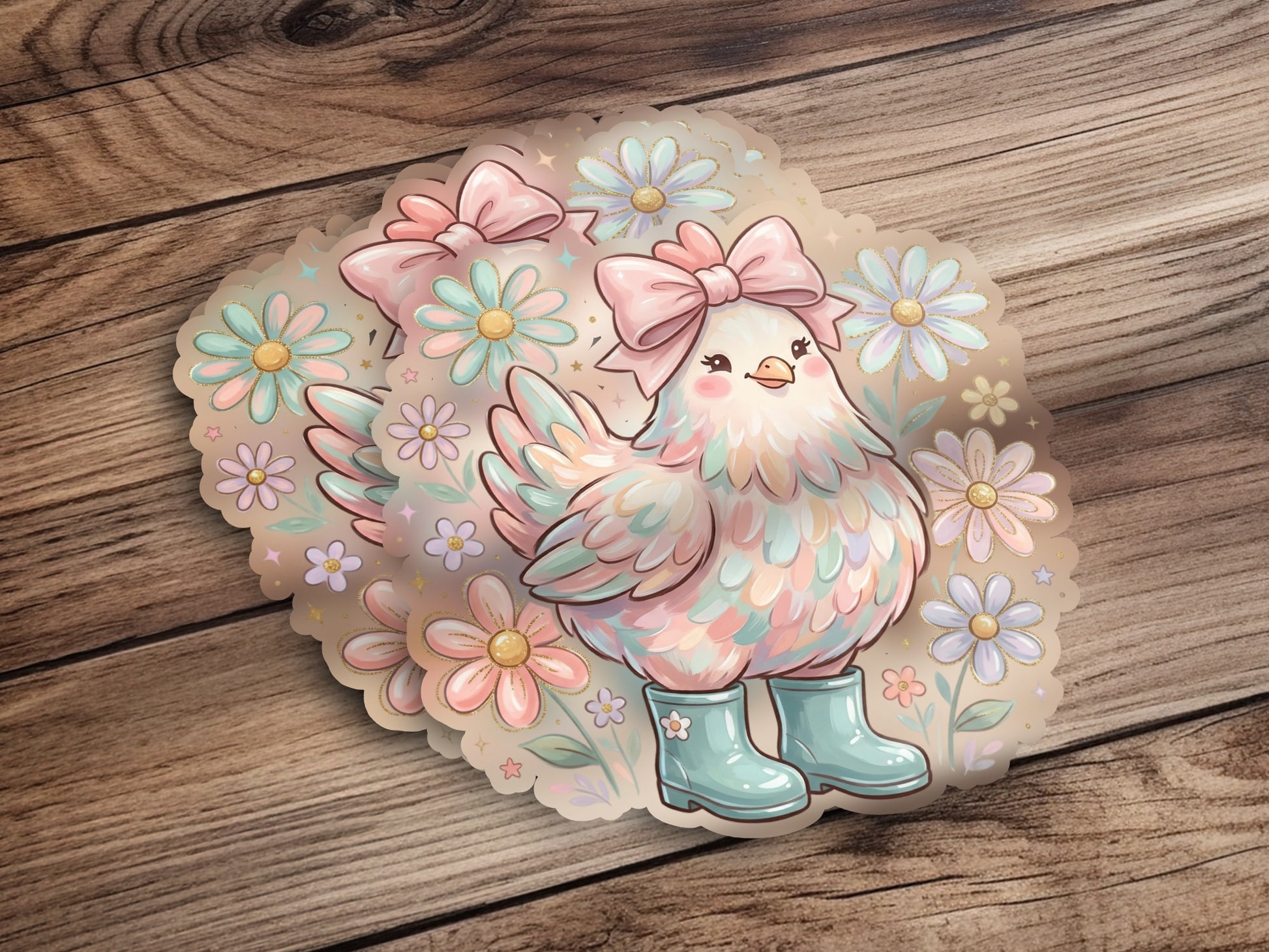 Cute illustrated chicken wearing blue boots surrounded by flowers and bows.