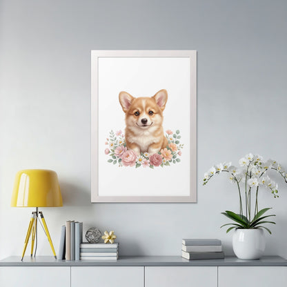 Framed watercolor print of a cute corgi puppy surrounded by pink flowers.