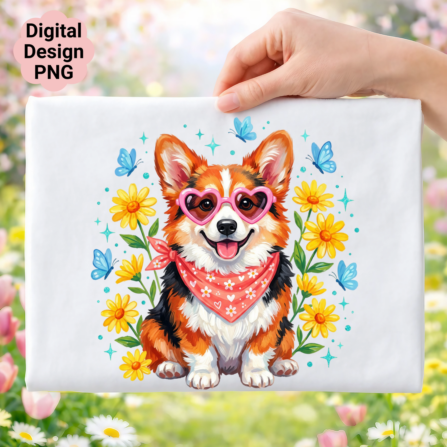 Corgi in heart sunglasses surrounded by flowers and butterflies.