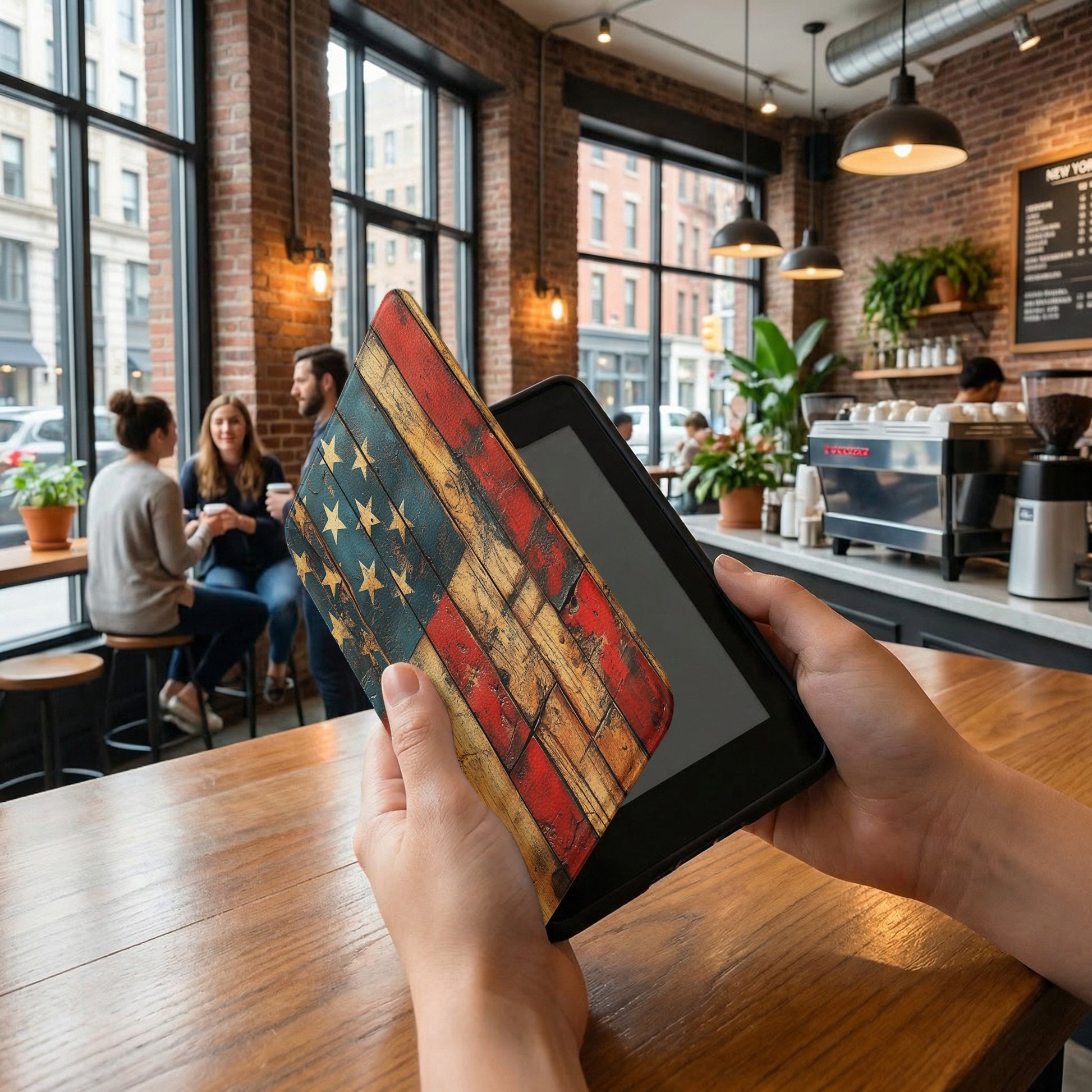 Tablet with American flag patterned case held in hands in a cafe.