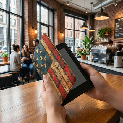 Tablet with American flag patterned case held in hands in a cafe.