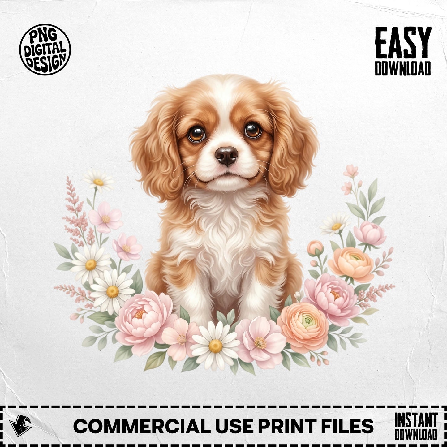 Cavalier King Charles Spaniel surrounded by pink and white flowers.