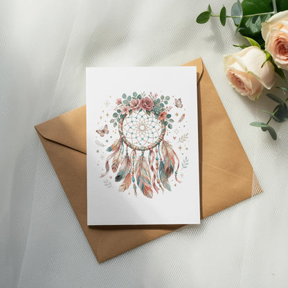 Dreamcatcher illustration with flowers and butterflies on an envelope with roses.