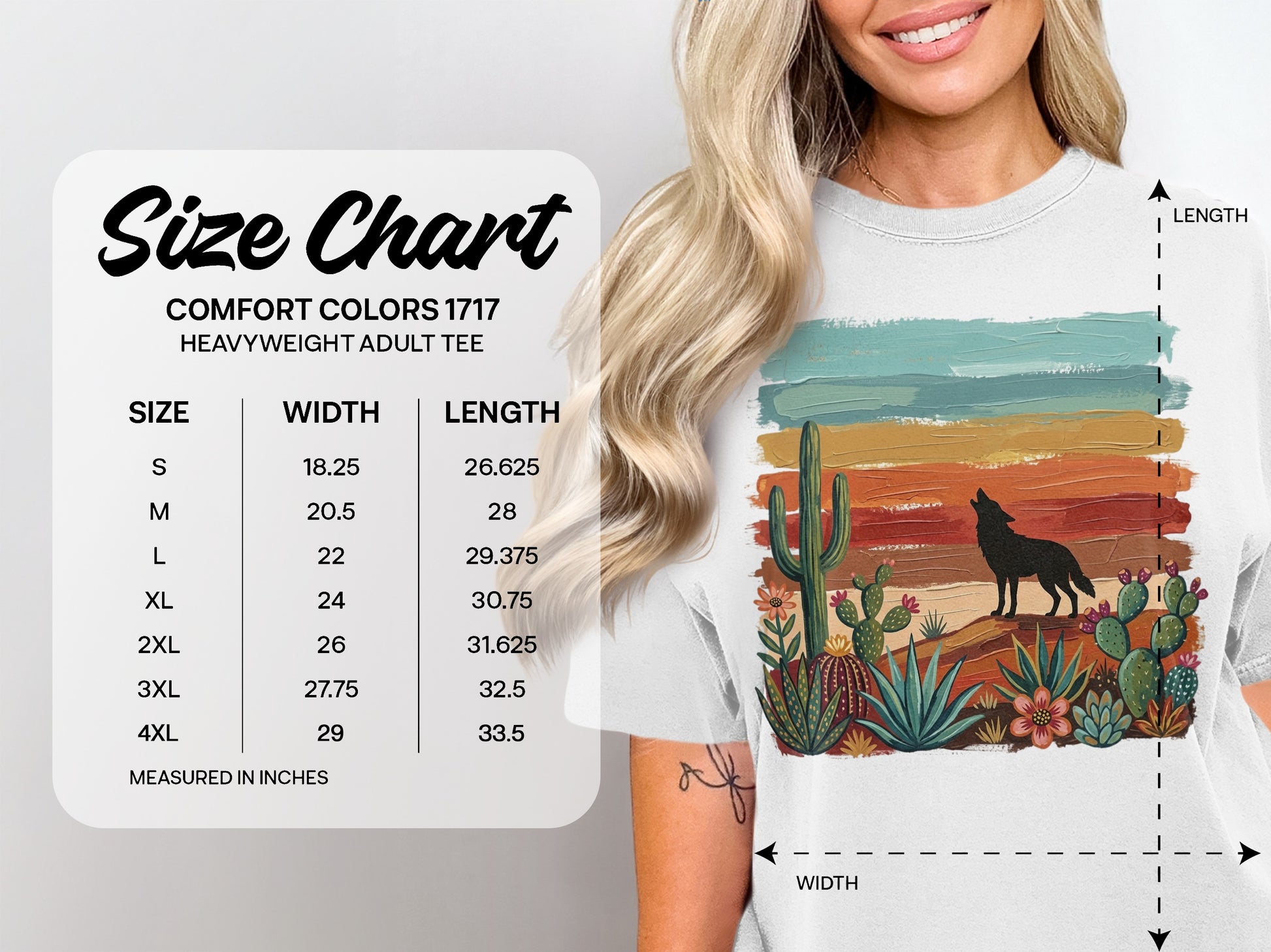 Size chart for heavyweight adult tee with fabric art background.