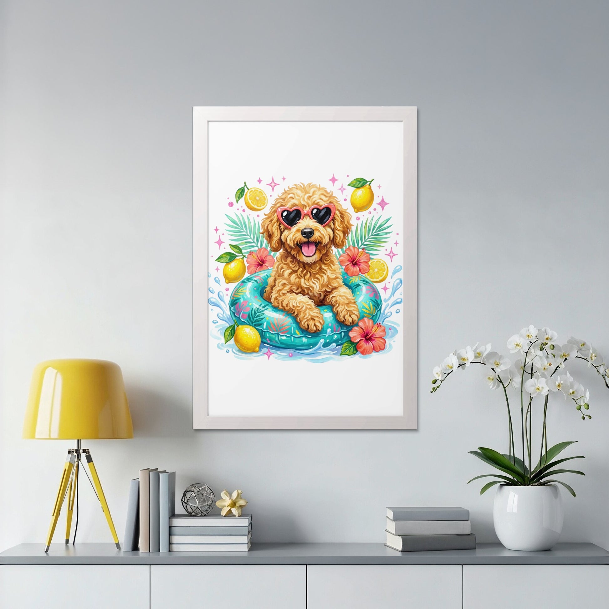 Dog in heart sunglasses on inner tube with lemons and flowers.