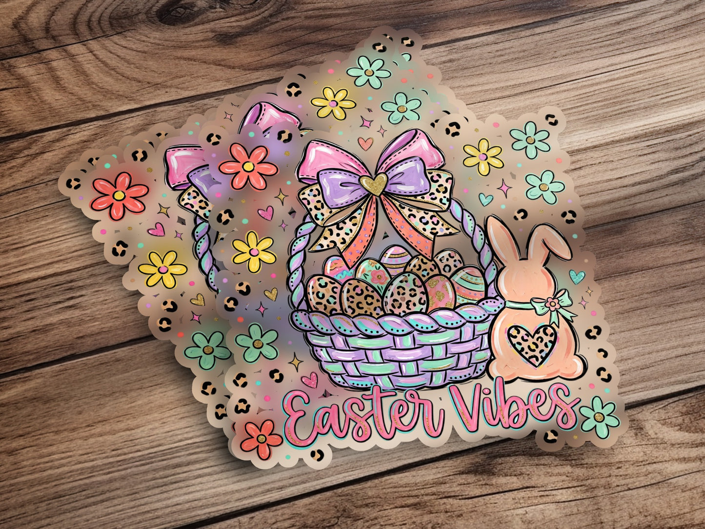 Easter basket with eggs, bunny, flowers, and "Easter Vibes" text.