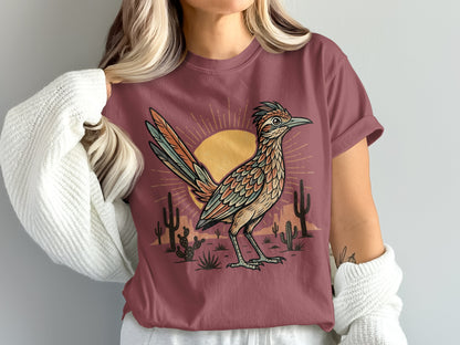 T-shirt with desert scene: roadrunner, sun, and cacti.
