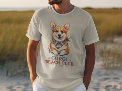 Corgi wearing bandana on t-shirt with "Corgi Beach Club" text.