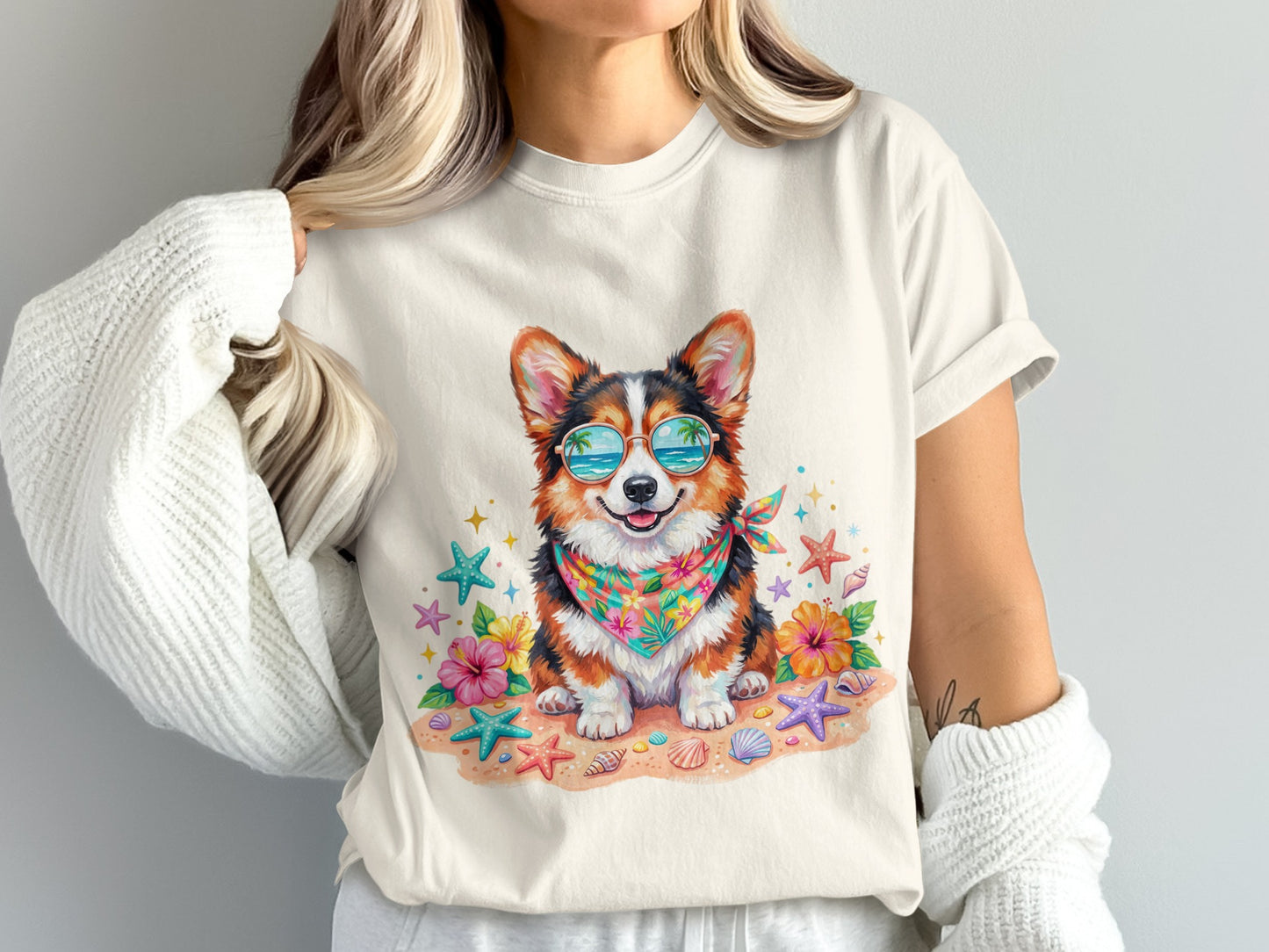Corgi wearing sunglasses and bandana on beach with starfish and flowers.