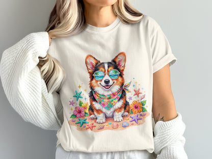 Corgi wearing sunglasses and bandana on beach with starfish and flowers.