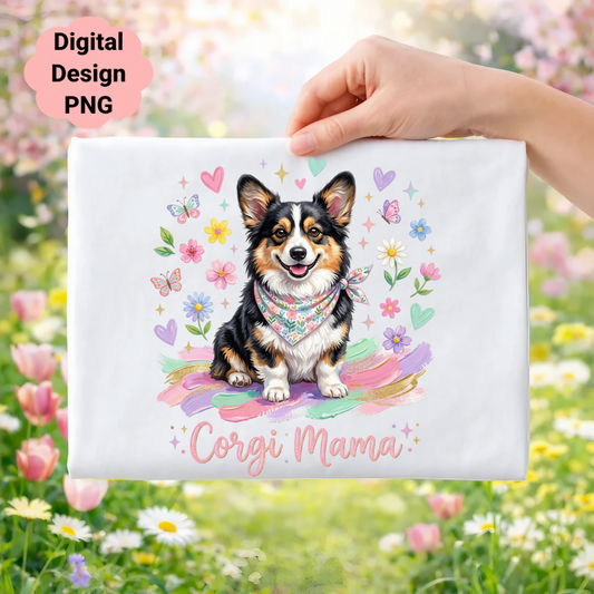 Corgi Mama design with floral accents and butterflies.