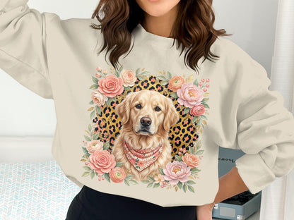 Golden Retriever wearing bandana surrounded by flowers and leopard print.