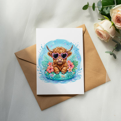 Highland cow wearing heart sunglasses on a pool float.