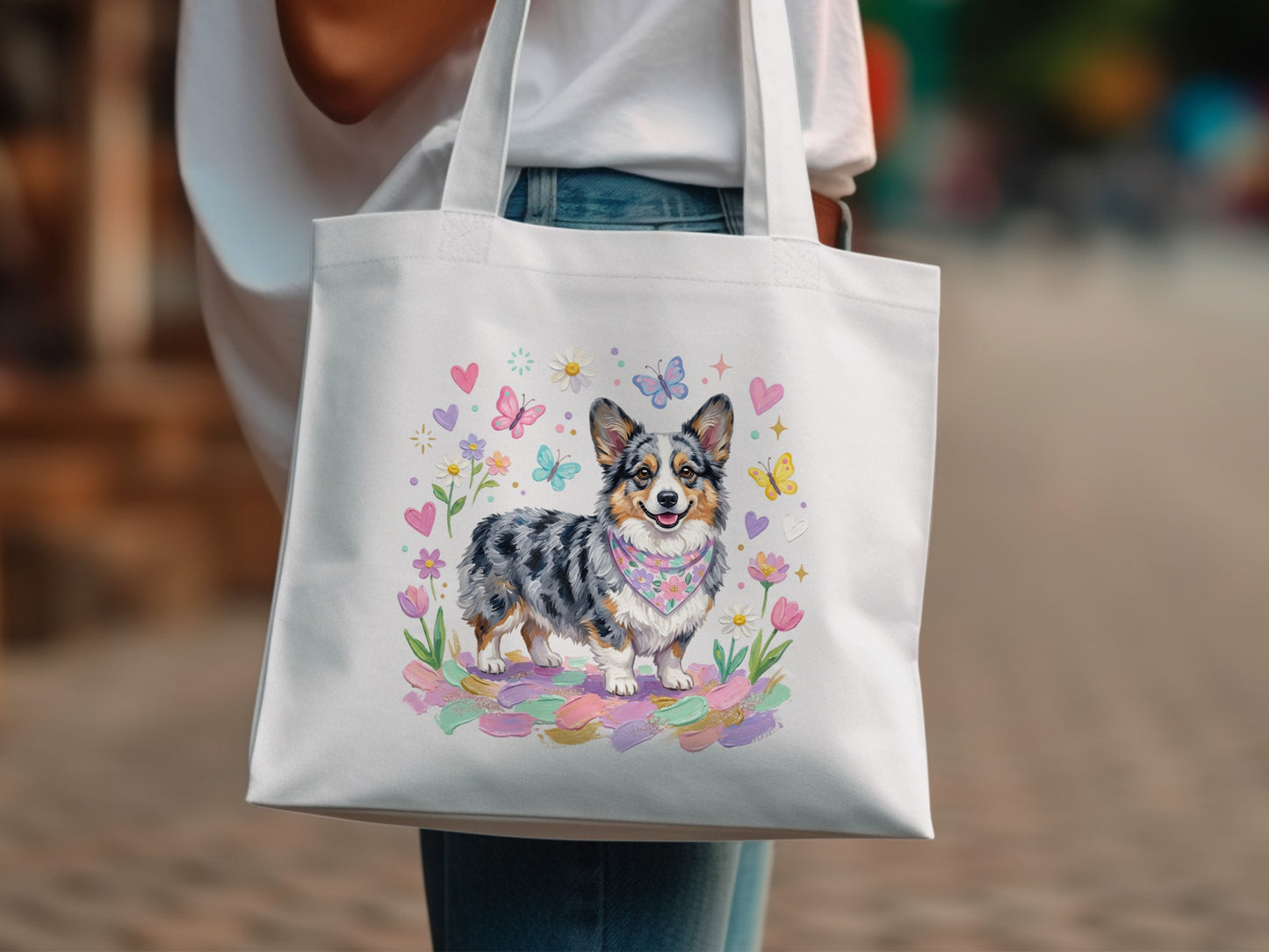 White tote bag featuring a watercolor Corgi with butterflies and flowers.