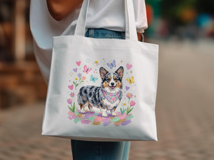 White tote bag featuring a watercolor Corgi with butterflies and flowers.