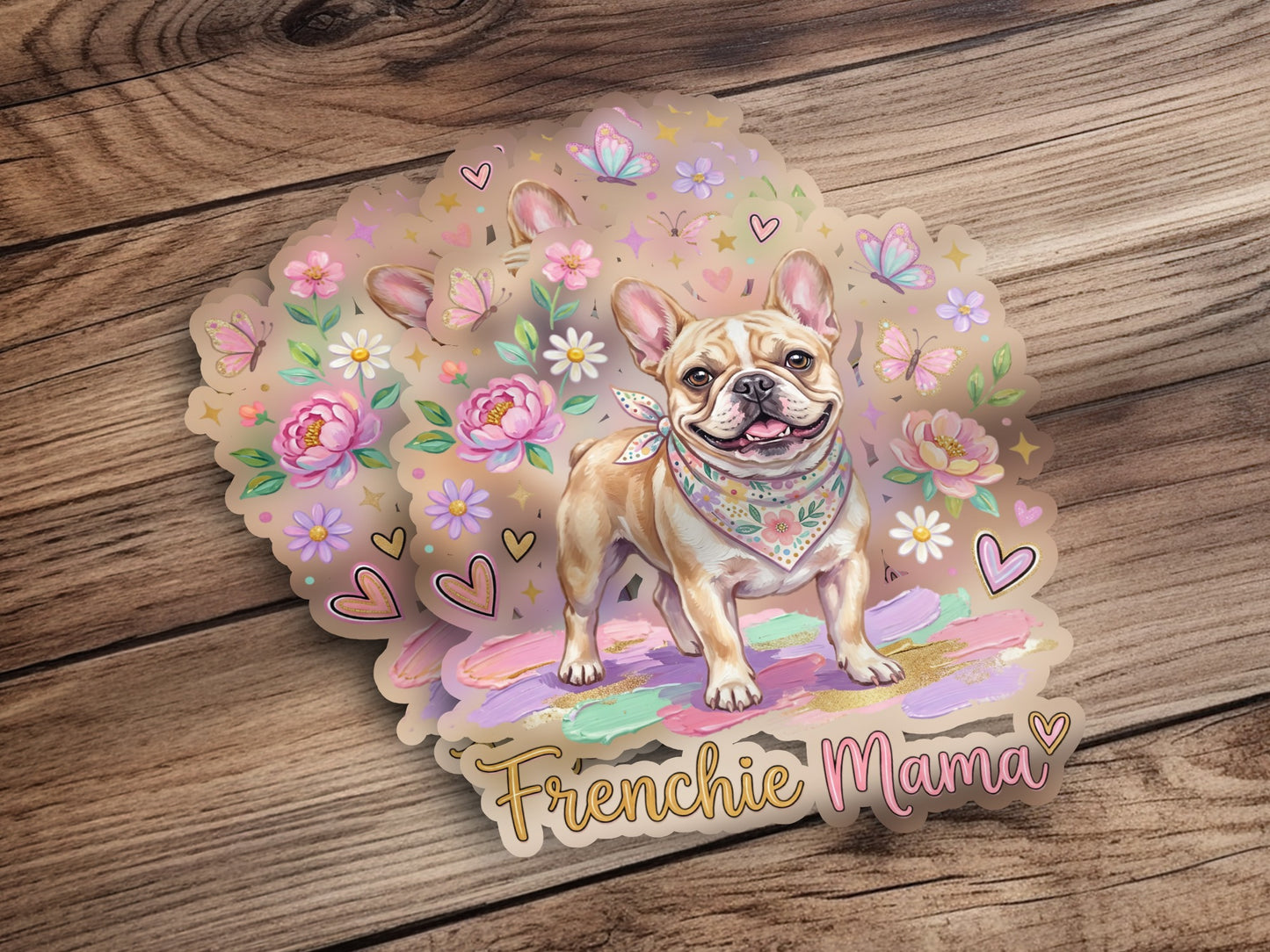 French bulldog sticker with "Frenchie Mama" text, surrounded by flowers and butterflies.