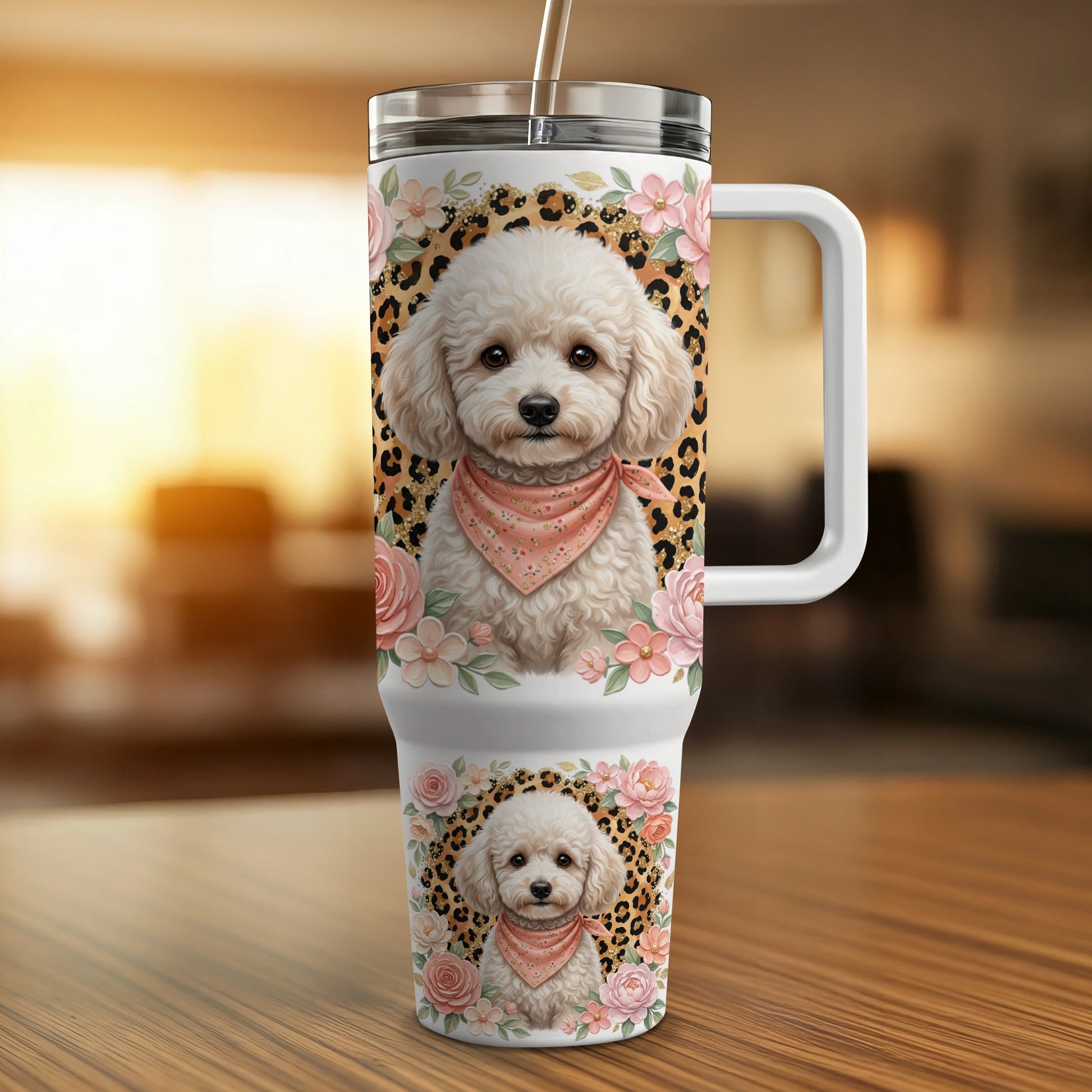 White poodle on floral and leopard print tumbler with bandana.