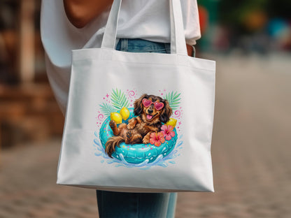 White tote bag with cartoon dachshund wearing heart sunglasses on a float.