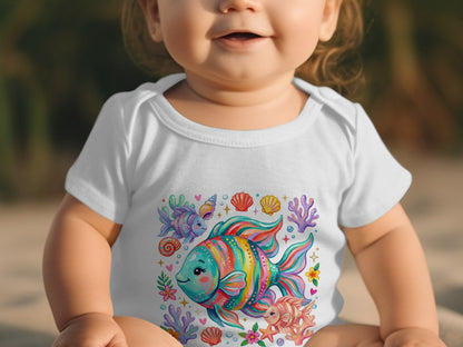 Baby wearing white onesie with colorful fish and sea creature graphic.
