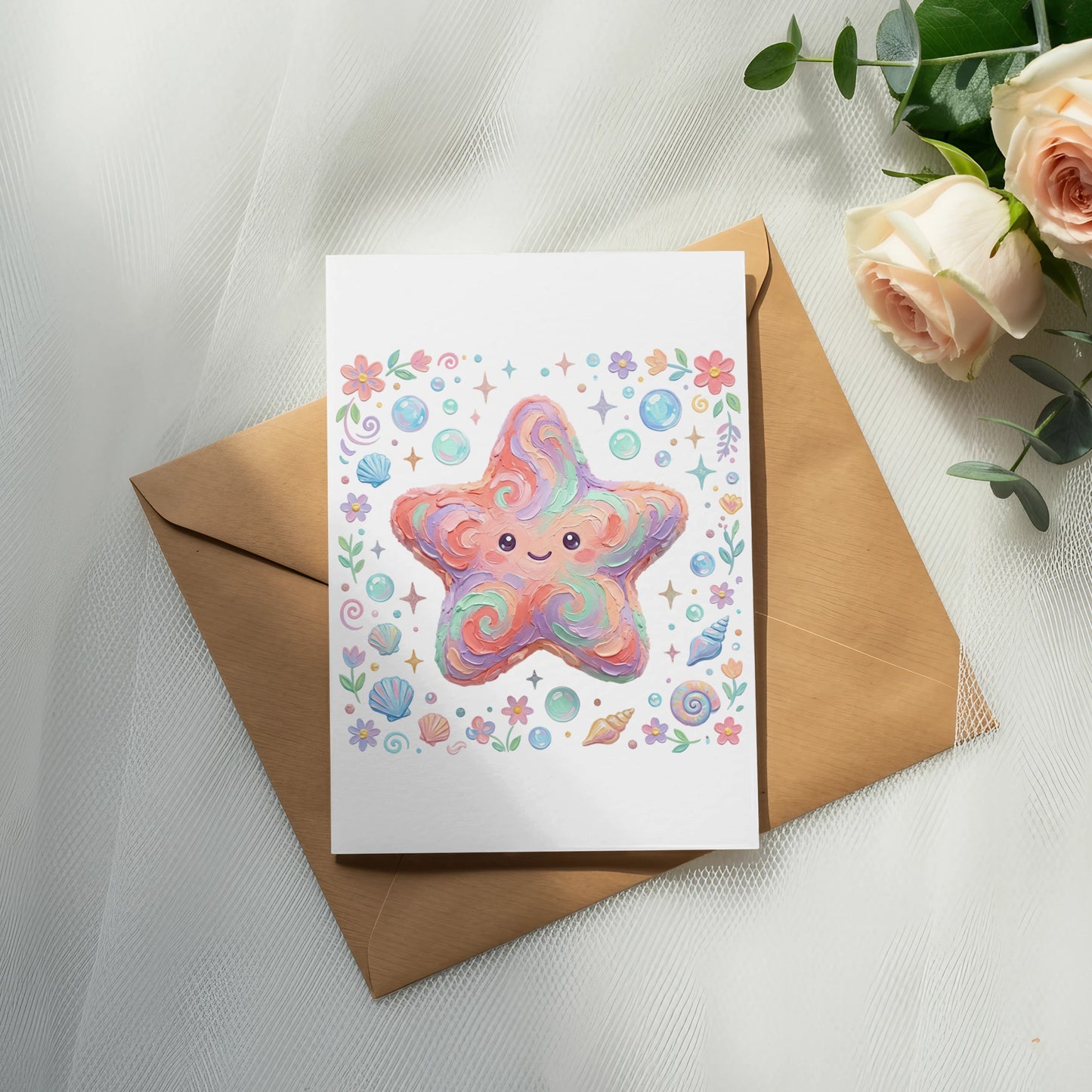 Card with a pastel starfish illustration surrounded by seashells and flowers.