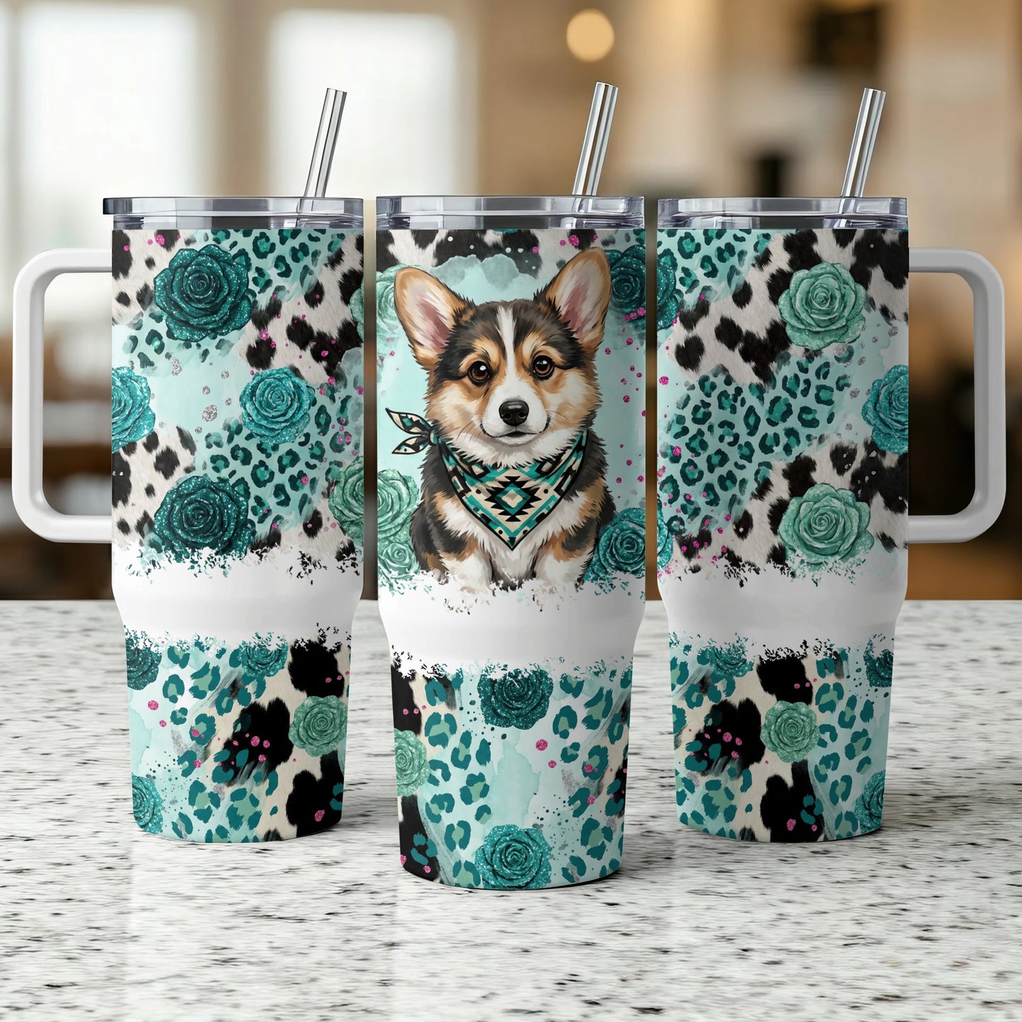 Corgi with bandana on tumbler with teal floral and leopard print.
