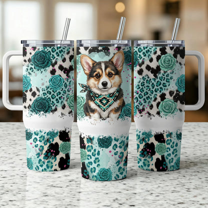Corgi with bandana on tumbler with teal floral and leopard print.