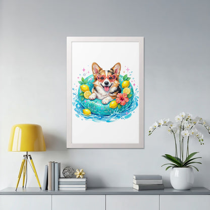 Corgi wearing heart sunglasses in a lemon-shaped inner tube.