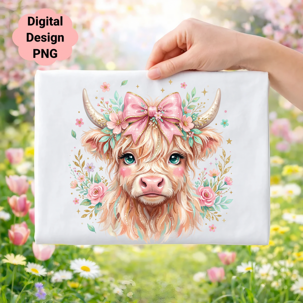 Highland cow with pink bow, flowers, and foliage.