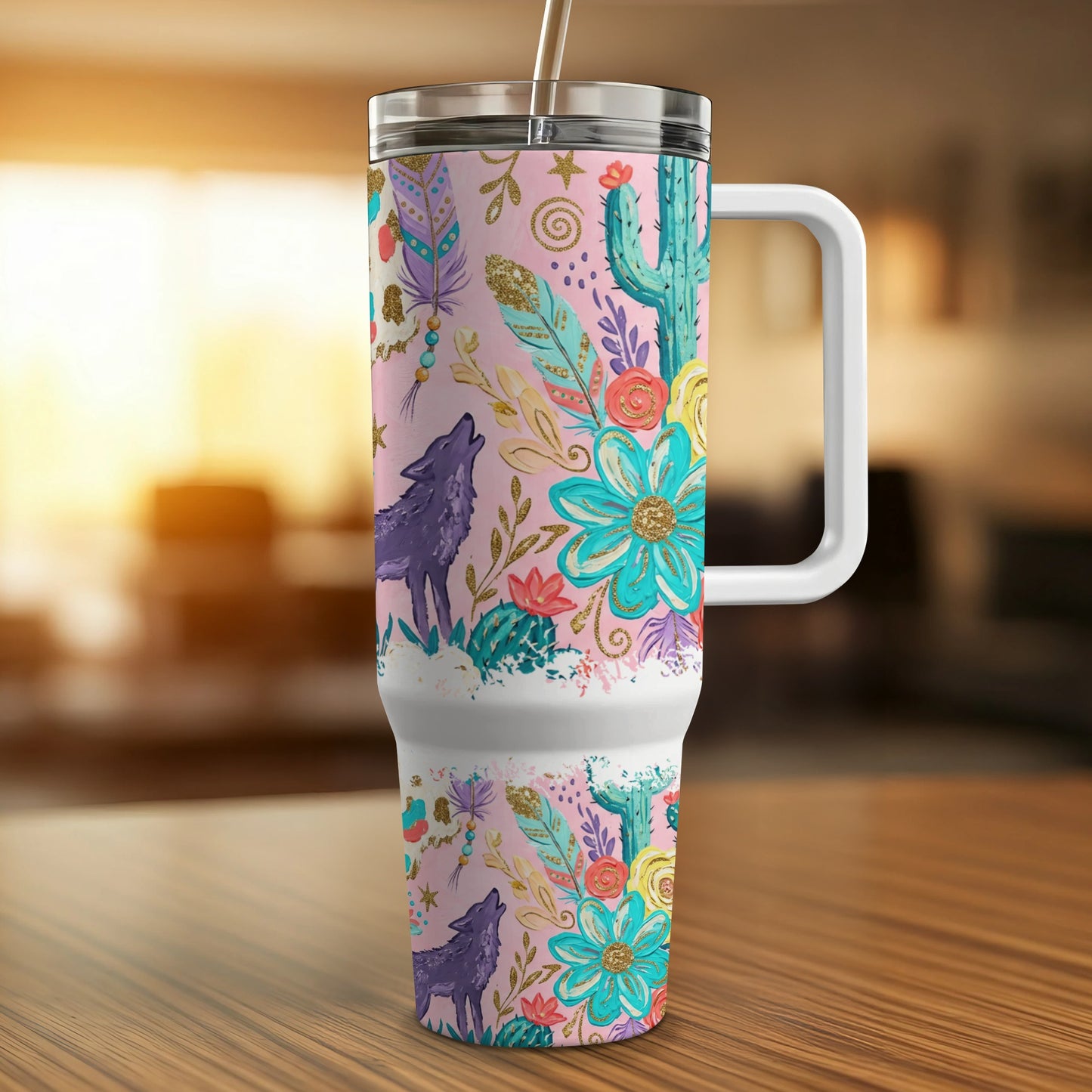 Pink tumbler with wolf and floral designs, featuring a white handle and straw.