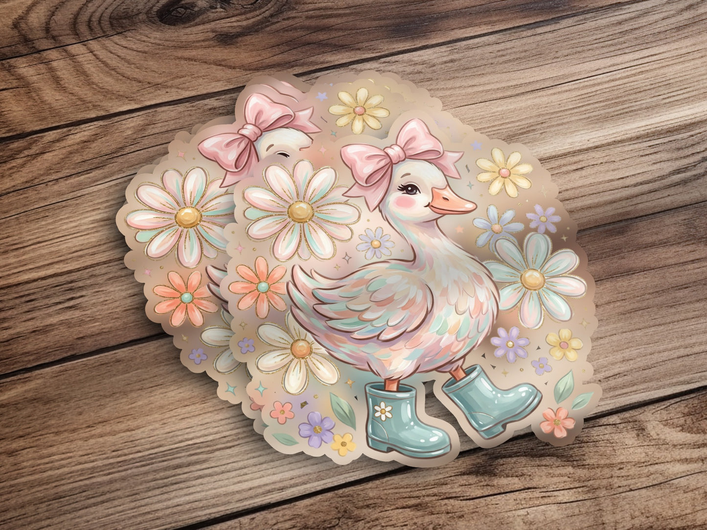 Illustration of a duck wearing boots and a bow surrounded by flowers.