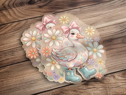 Illustration of a duck wearing boots and a bow surrounded by flowers.