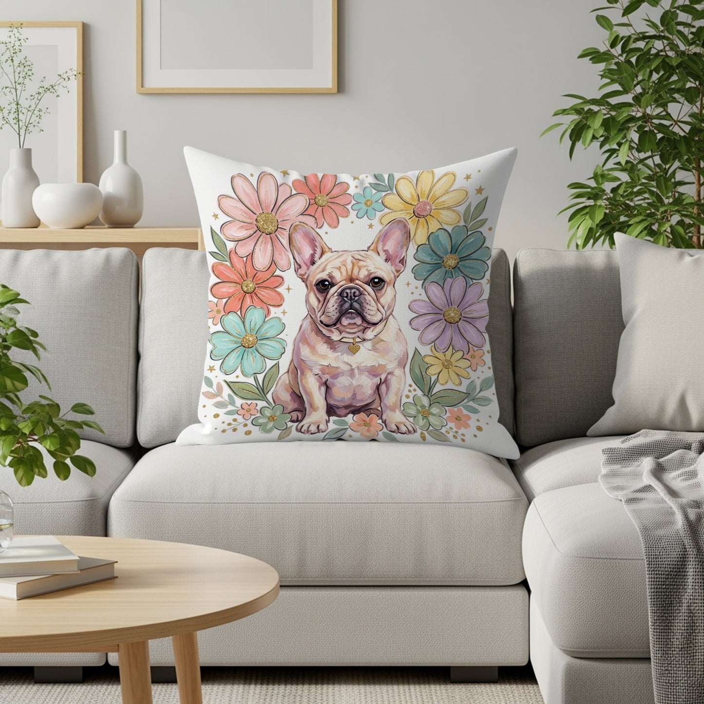 French bulldog surrounded by pastel floral wreath on decorative pillow.