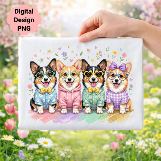 Four cartoon corgis in colorful outfits with flowers and digital design PNG text.
