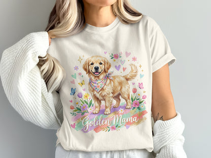 Golden Retriever wearing a bandana with floral and butterfly border, "Golden Mama" text.