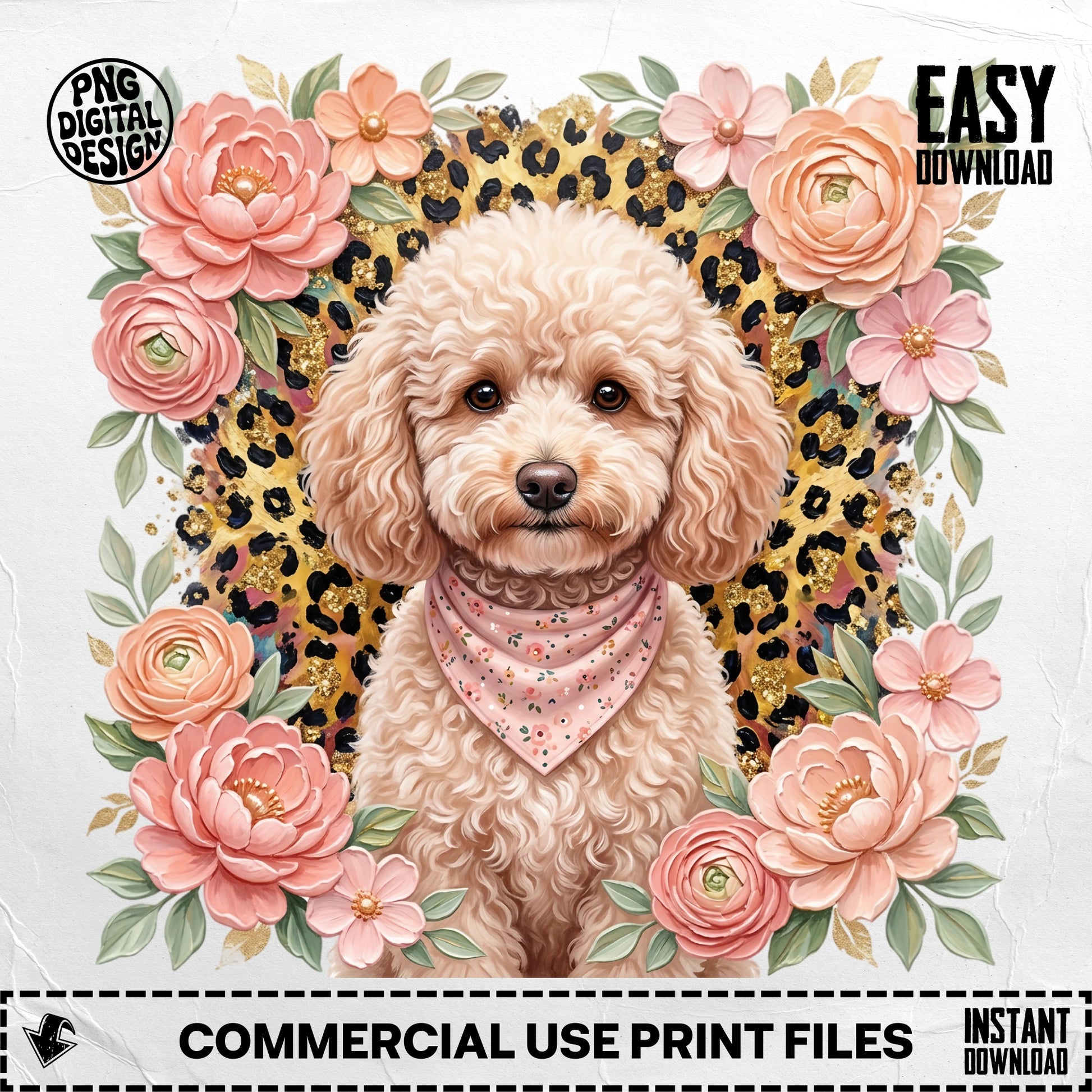 Fluffy cream poodle wearing pink bandana surrounded by pink flowers and leopard print.