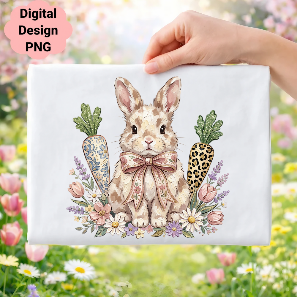 Watercolor bunny with bow and patterned carrots, surrounded by flowers.