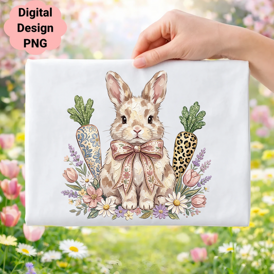 Watercolor bunny with bow and patterned carrots, surrounded by flowers.