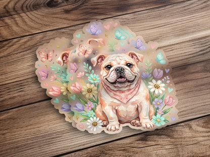 English bulldog wearing a bandana surrounded by flowers and butterflies.