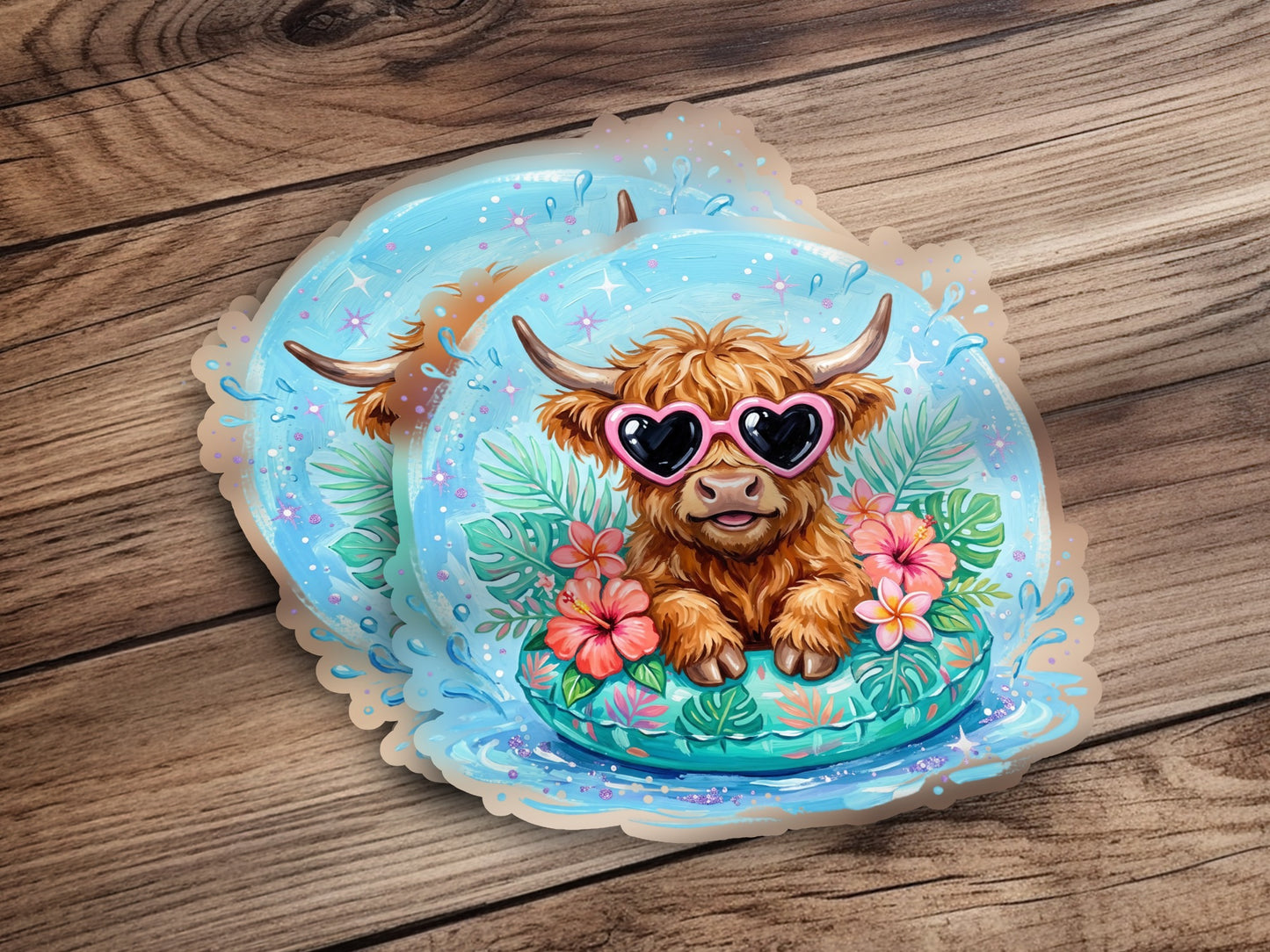 Highland cow in sunglasses and a float, surrounded by water and tropical flowers.