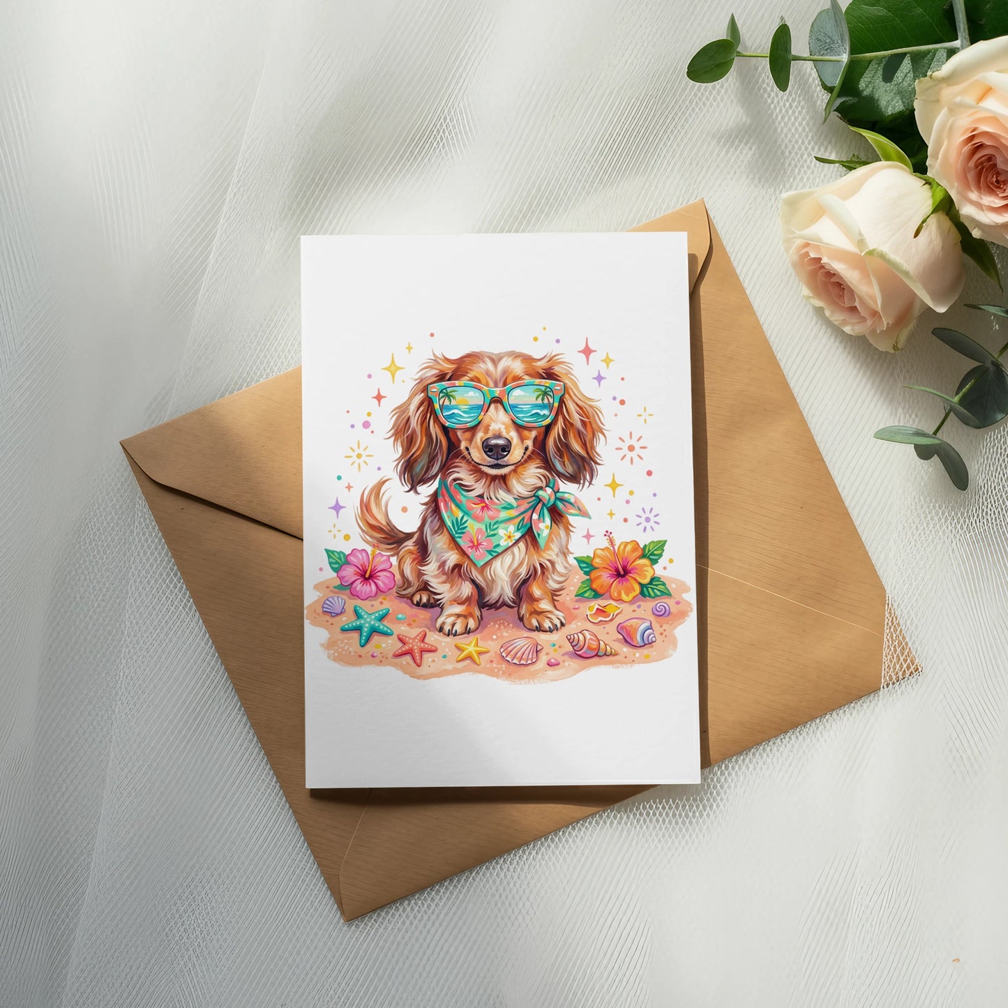 Dachshund wearing sunglasses and bandana on a beach card.