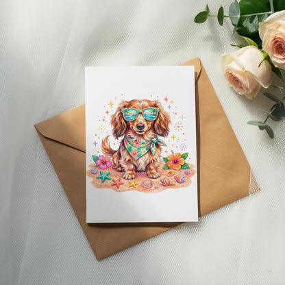 Dachshund wearing sunglasses and bandana on a beach card.